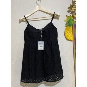 Vtg Metro 7 Black Y2K Floral Lace Babydoll Cami Top Empire Waist witchy fairy M